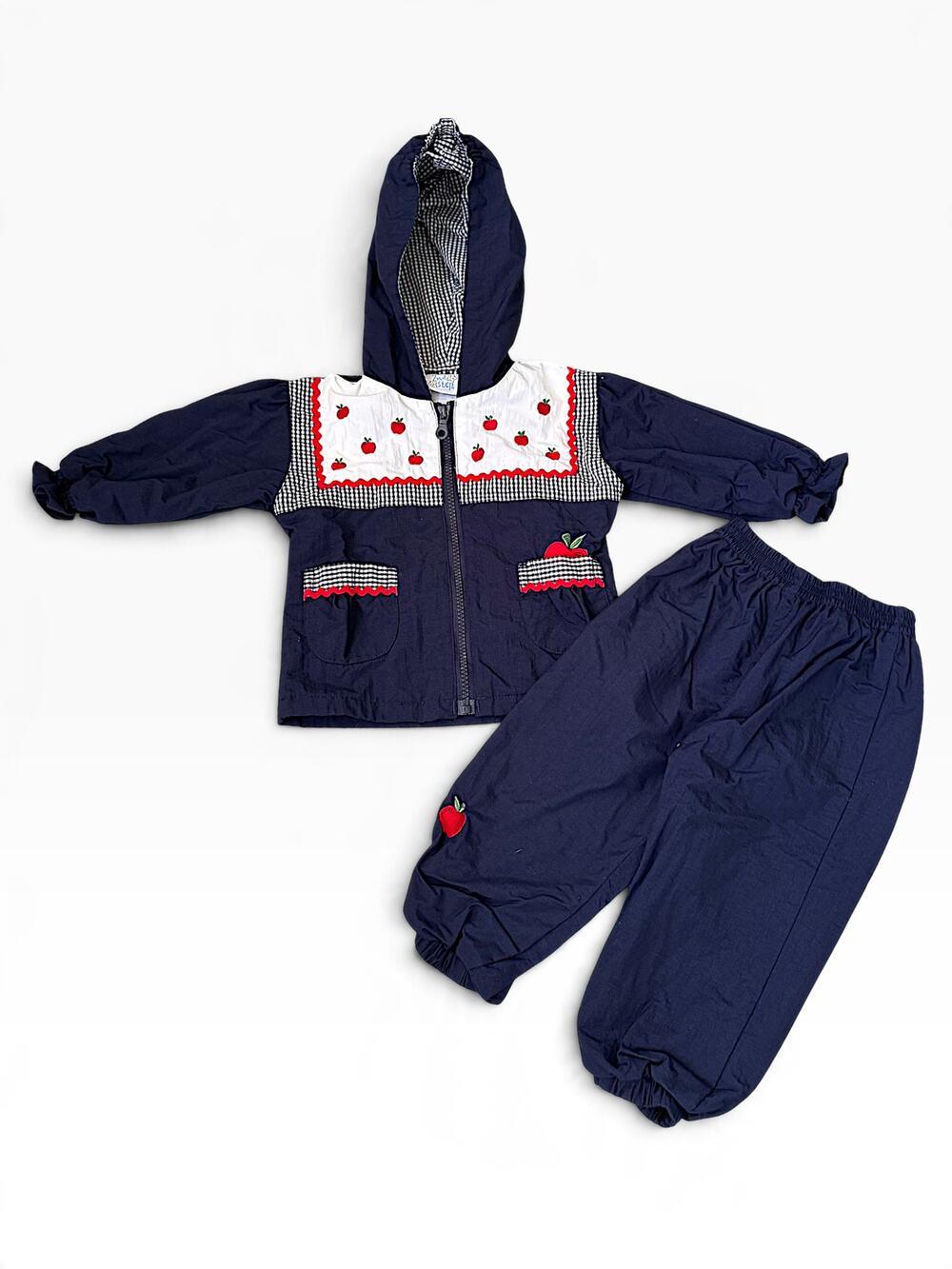 Vintage 2nd Step Apple Gingham Hooded Jacket & Pants Set Navy Red 18M